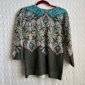 Talbots 100%‎ Cashmere Paisley Print 3/4 Sleeve Crewneck Sweater Sz S Teal Brown